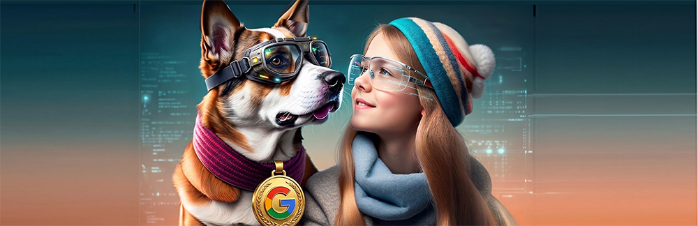 Girl with dog wearing goggles representing a web designer in Columbus