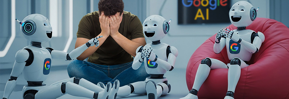 Man sitting with AI robots laughing at him