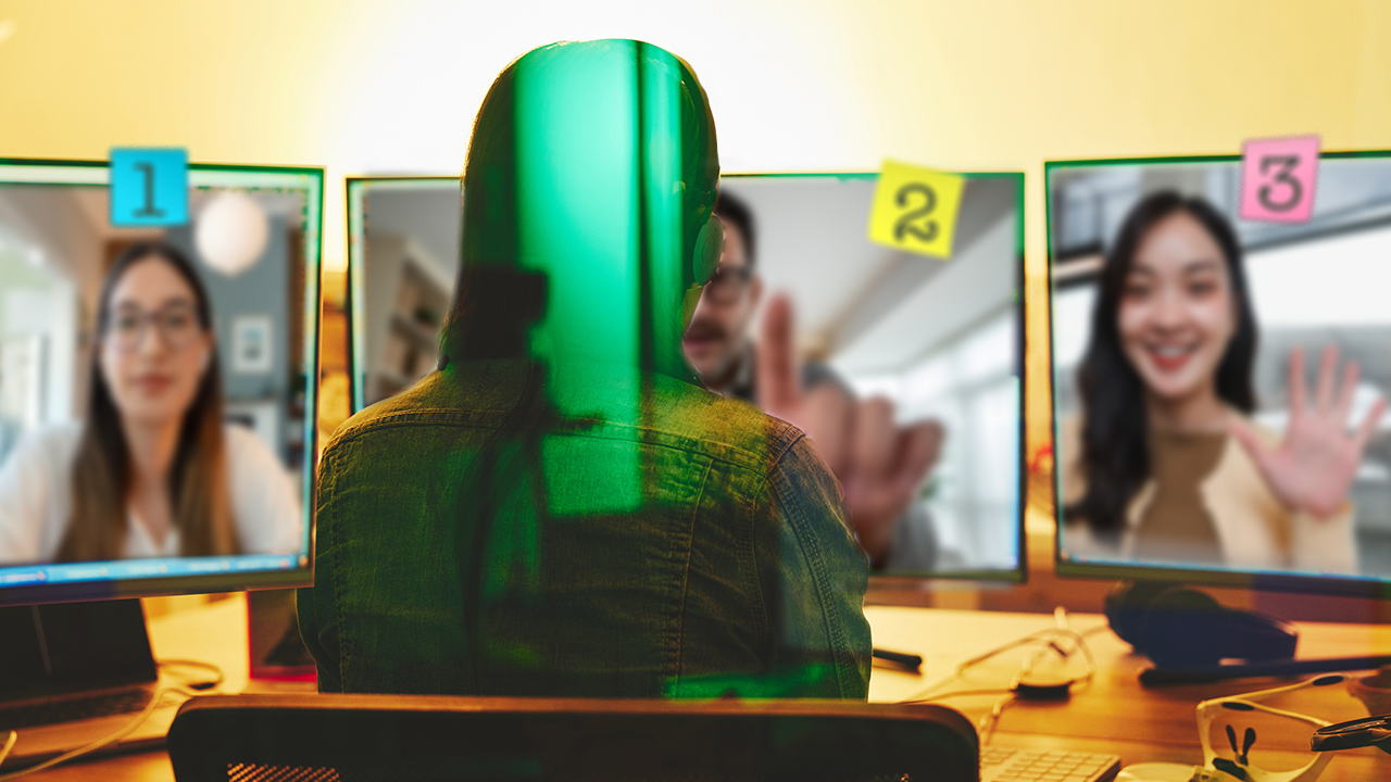 On a Zoom call with 3 people on 3 monitors