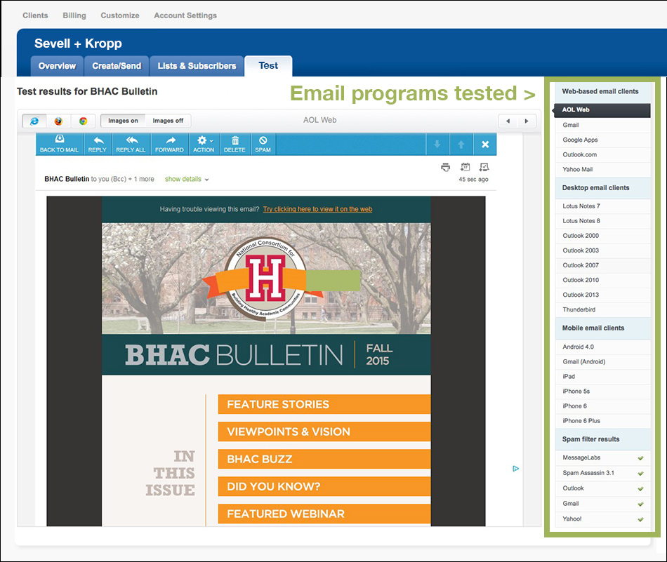 Screenshot of testing page for e-newsletters