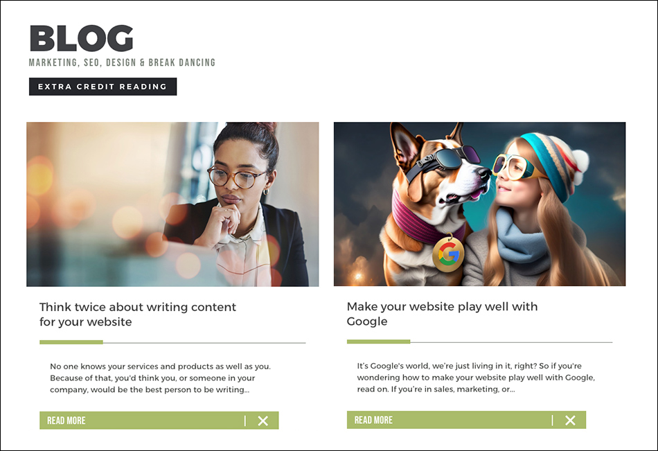 Screenshot of blogs on website
