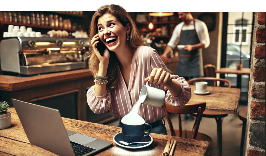 Woman in coffee shop distracted