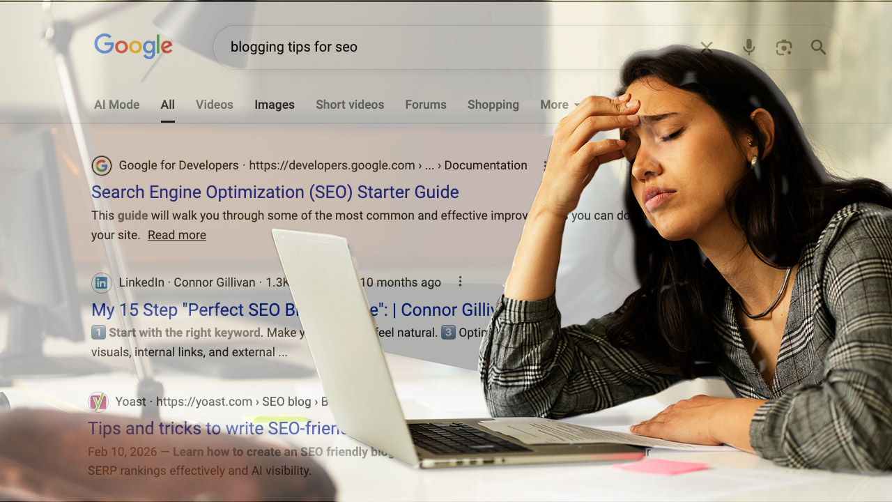Woman at laptop frustrated that her blog isn't ranking.