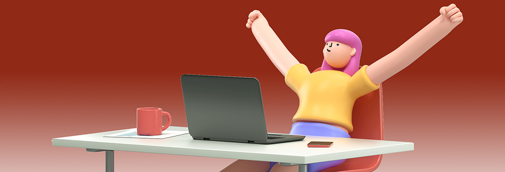 Illustration of woman at desk with arms in the air